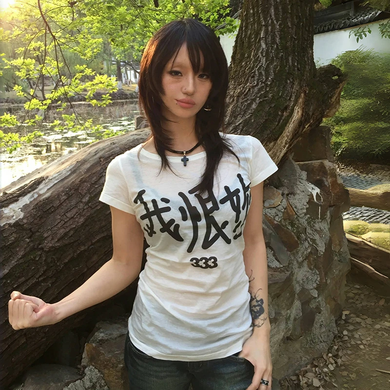 Karrram Japanese Y2k Letter Print T-shirt Trashy 2000s Style Short Sleeve Tee Shirt Grunge Aesthetics White Top Vintage Harajuku 2