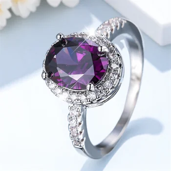 Trendy Crystal Big Purple Oval Zircon Stone Engagement Ring Vintage Silver Color Wedding Bands Jewelry For Women Men
