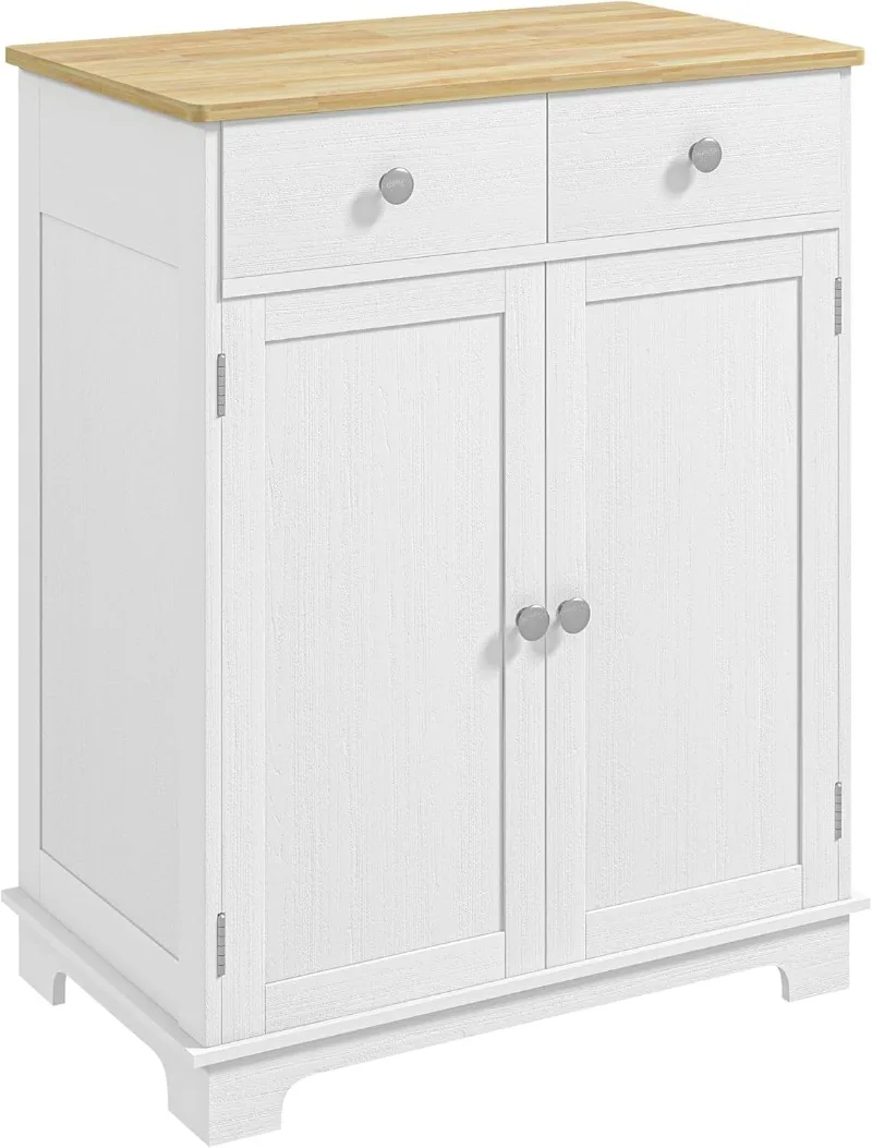 Sideboard with Solid Wood Countertop Modern Kitchen Storage Cabinet Coffee Bar Cabinet with 2 Drawers Doors  Distressed White