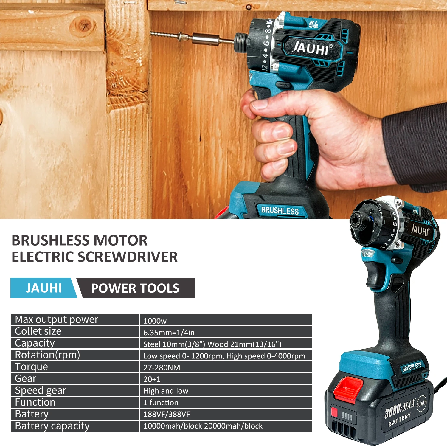 JAUHI 20+1 Torque 280N.m Brushless Electric Screwdriver Rechargeable Cordless Electric Drill Screw Driver for Makita 18v Battery 3