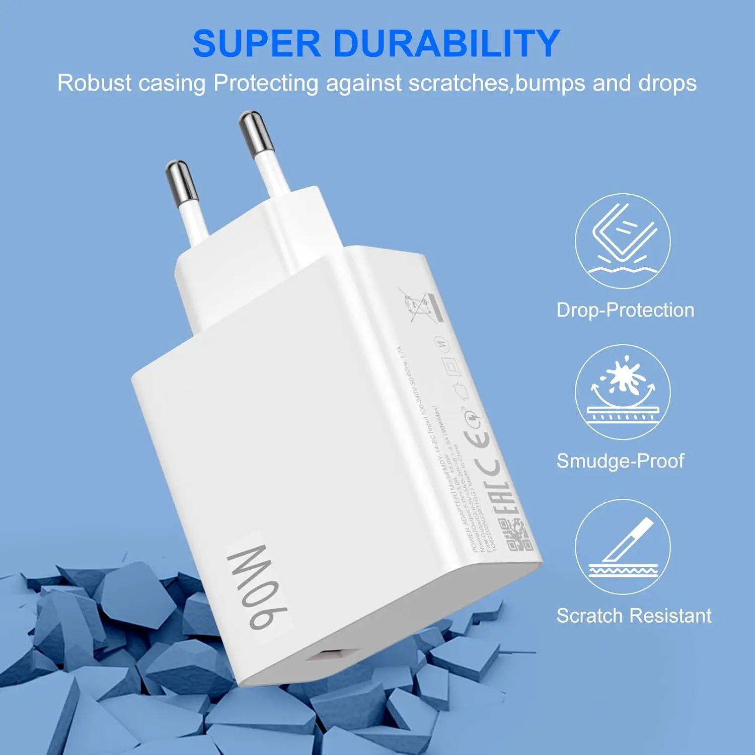 High-Power 90W Turbo Fast EU Charger with Quick Charging Type-C USB Cable