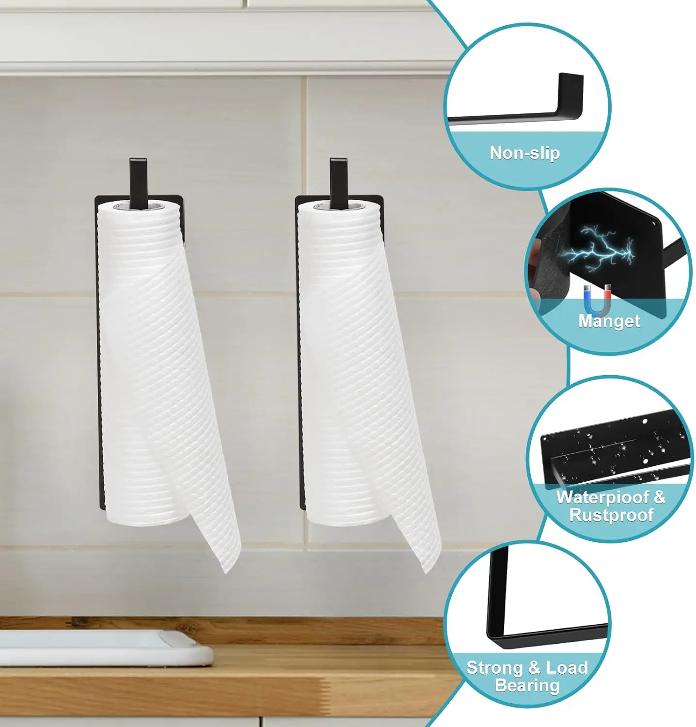 2-piece set of magnetic tissue holder, magnetic and drilled tissue holder wall mounted, towel bar