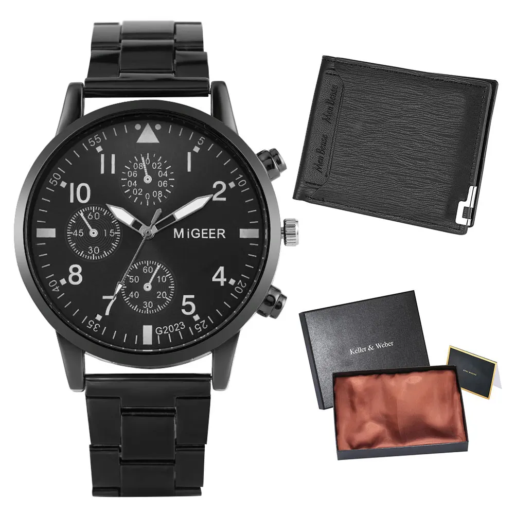 Business Man Wristwatch Cool Black Man Watch with Wallet Set Fashion Luxury Quartz Clock Birthday Present Box for Men Male Gifts