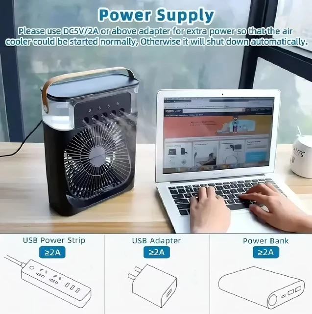 Fan/cooling fan portable household three in one small air cooler, LED night light, 5-hole humidifier, 1-3 hour timer 6
