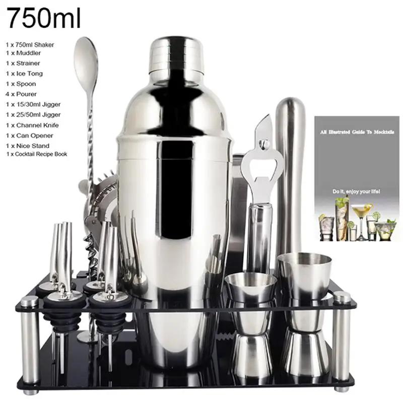 Cocktail Shaker 13Pcs 750/600/800ml Boston Cocktail Shaker Stainless Steel Mixer Bartender Tools Bar Set Cocktail Recipe With Wine Stand