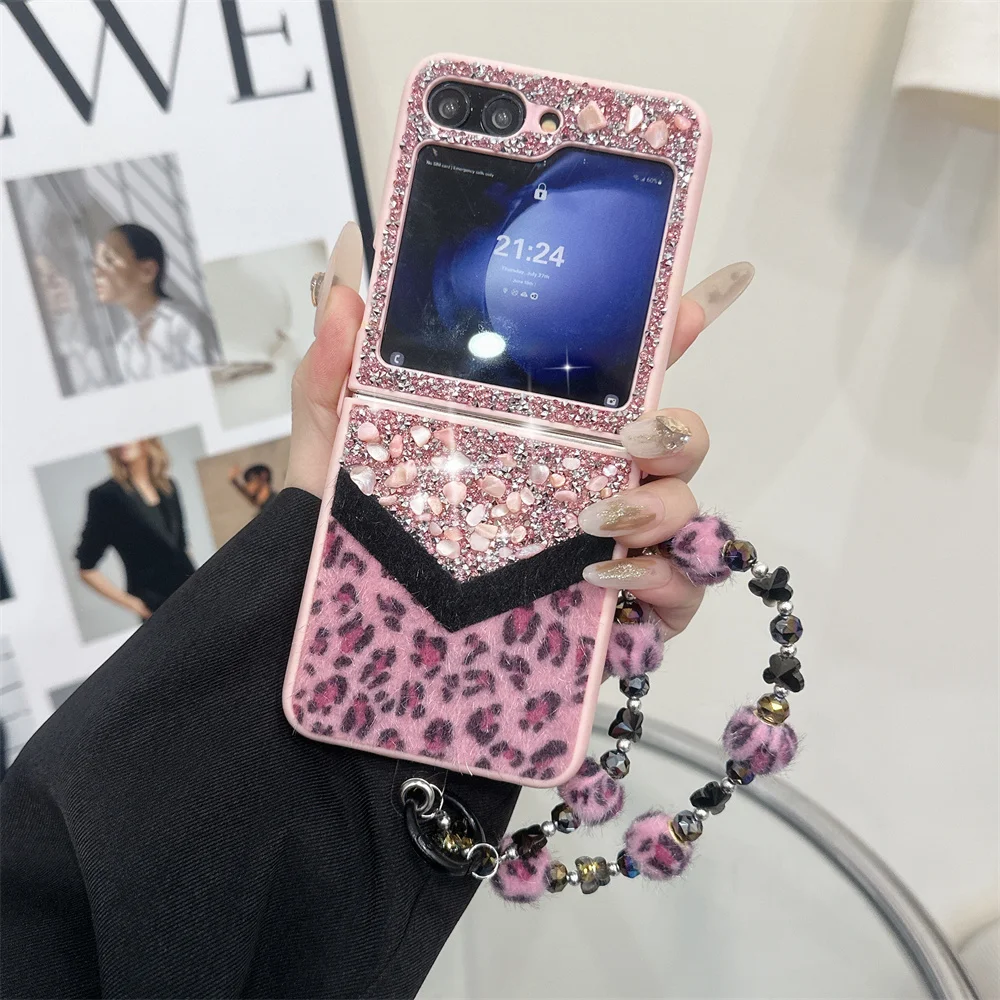 Deluxe Bling Diamond Leopard Furry Plush Winter Case with Wrist Strap