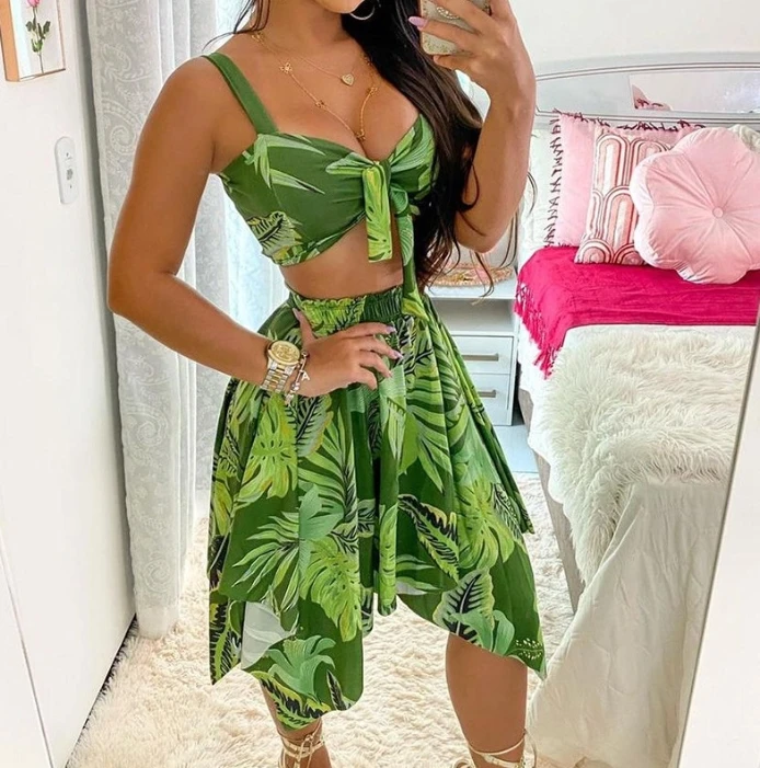 Two Pieces Women's Skirt Set 2024 Spring Sleeveless Tie Up Ruched Halter Bikini Suspender Printed Swimsuit Irregular Hem Skirt bkld clothes for women 2023 spring summer new fashion solid color spaghetti strap sleeveless sexy slim open back ruched rompers