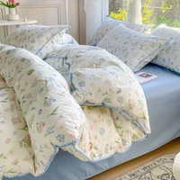 Pastoral Girls Flower Bedding Sets, Washed Cotton Bed Linens, Soft Quilt Cover Sheet Set, Simple Bedspread, Home Textiles 1