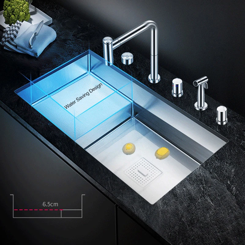 ASRAS Stepped Kitchen Sink 304 Stainless Steel 4mm Thickness 220mm Depth Large Size Handmade Brushed Undermount Kitchen Sinks