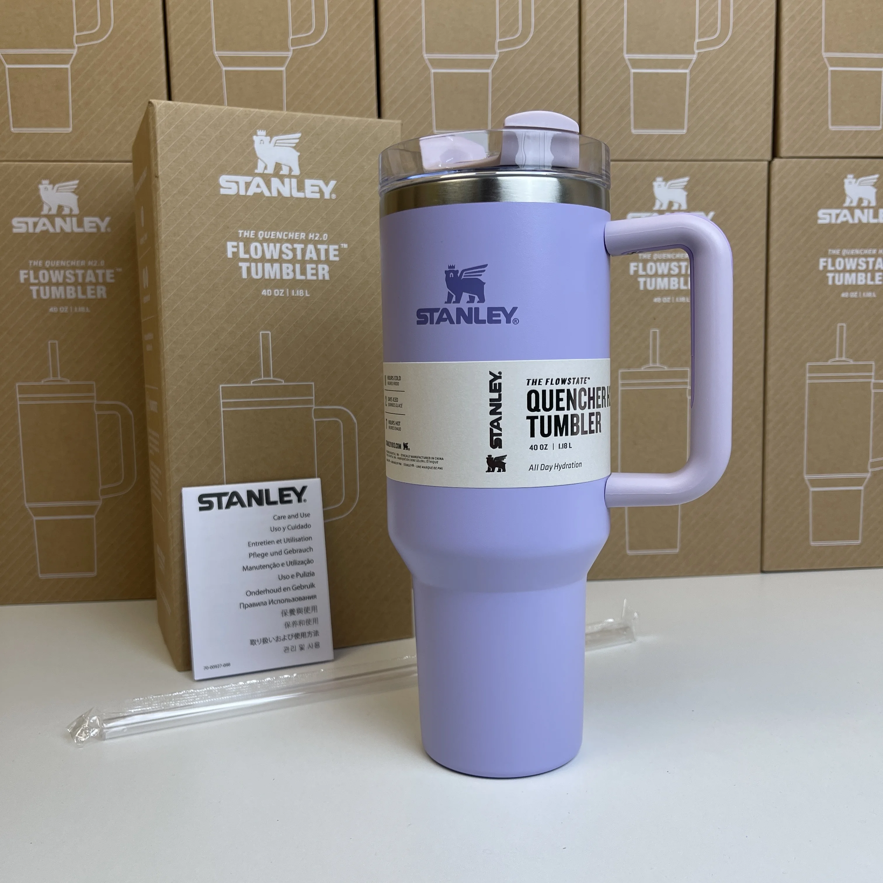 뚜껑과 빨대가 있는 스탠리 단열 텀블러, 손잡이가 있는 스테인레스 스틸 커피 텀블러, 진공 누출 방지 커피 컵, 40oz