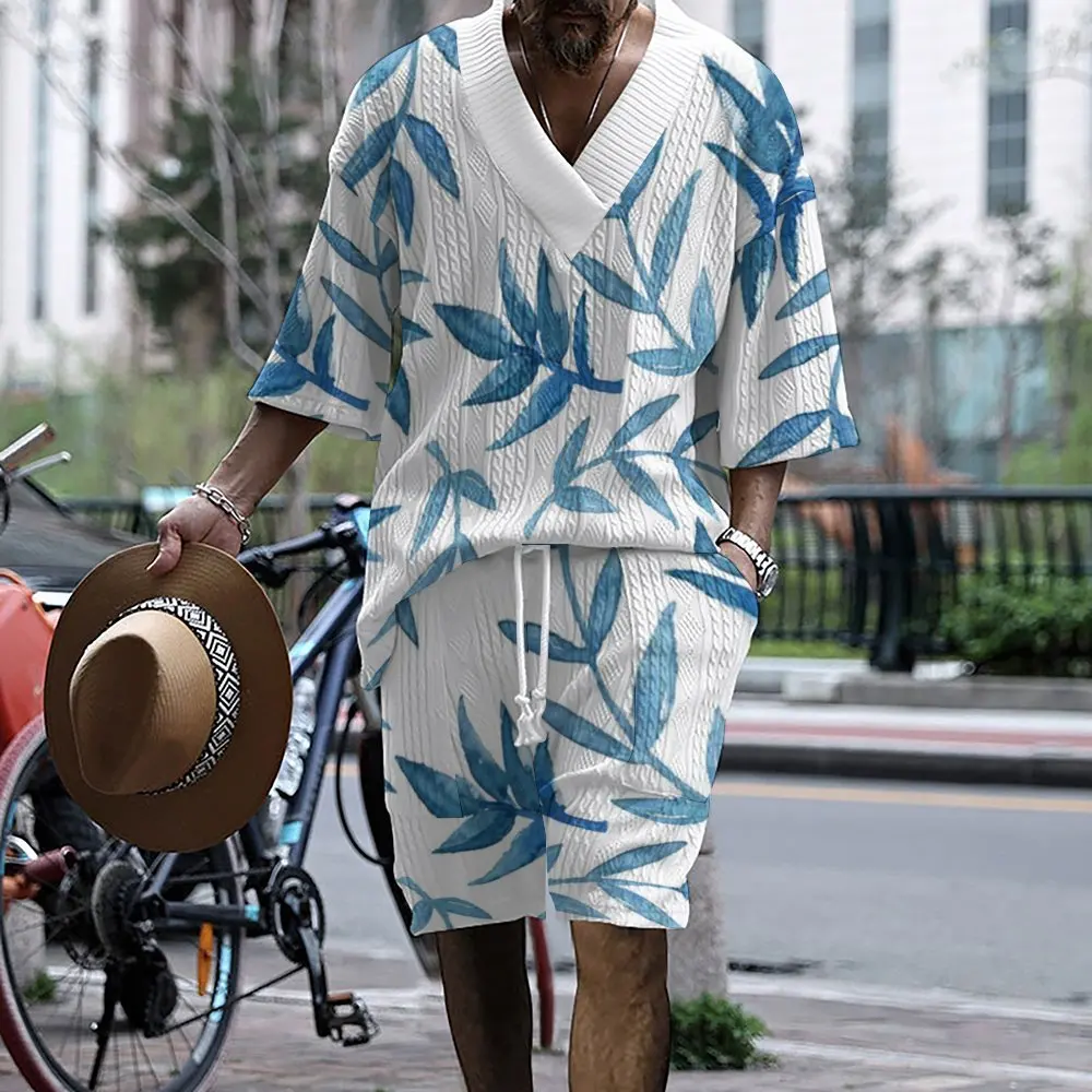 

2024 Men's Trendy Printing Casual Set Men's Summer Loose Short sleeved Shorts V-neck Dynamic Set Two piece Set for Men