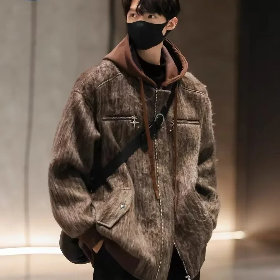High-End Illusionzip-up Hooded Jacket Two-Piece Couple Costume Men's Autumn Winter Cropped Wool Overcoat Thickened Jacket