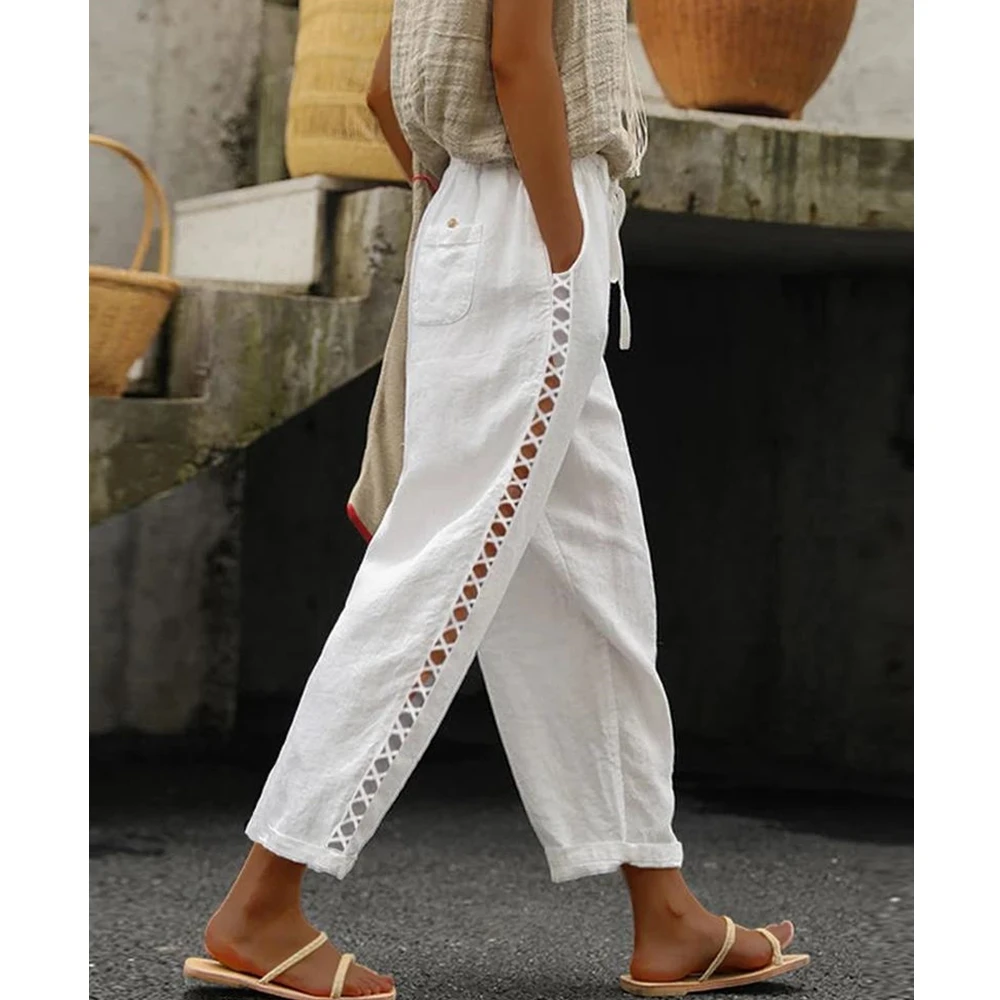 

Wepbel Women Straight Pants Solid Color Elegant Hollow Out Lace Stitching Casual Pants Trousers White Fashion Summer Pants
