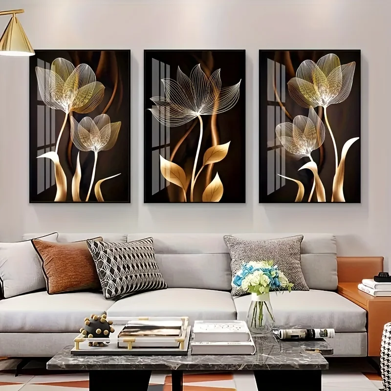 3pcs, Black and Golden Flower Wall Art Canvas Painting for Living Room Decor - Modern Abstract Design, No Frame Required 4
