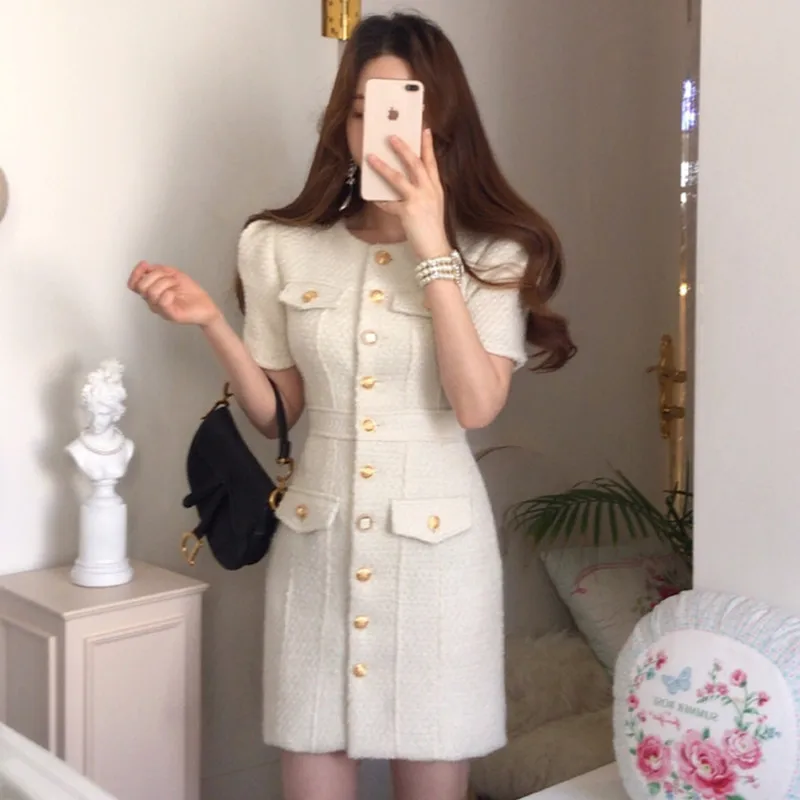 

Summer Autumn Tweed Woolen Dress Women O-neck Short Sleeve Single-Breasted Buttons Elegant Mini Dresses Vestidos Vintage