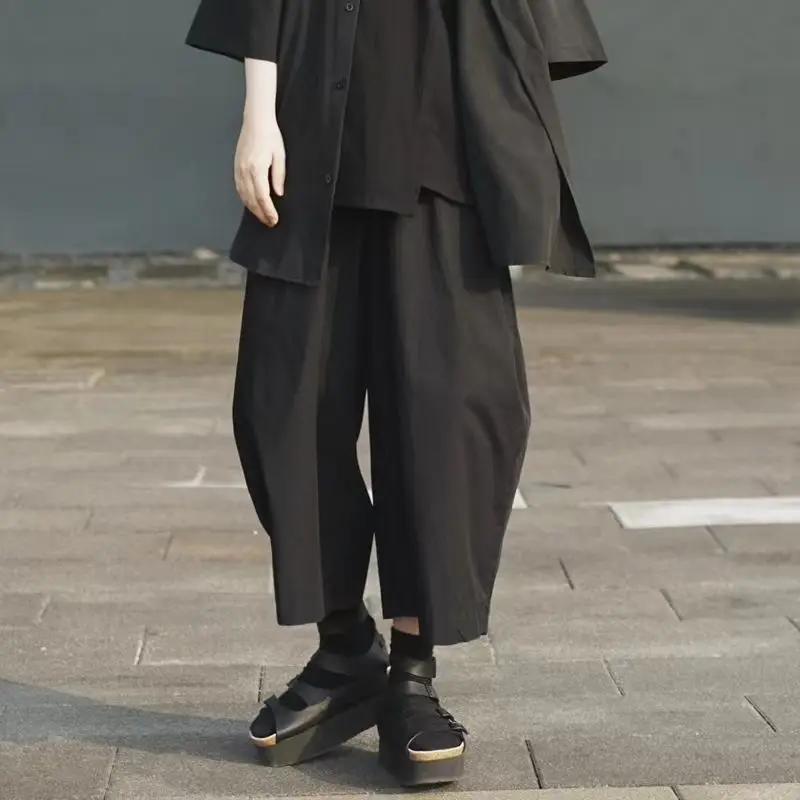 Spring New Nine Split Wide Leg Pants Retro Large Size Casual Pants Women's Literature Solid Elastic Waist Skirt Pants