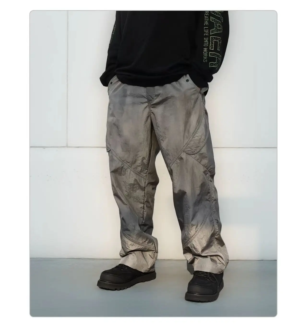 Whyworks 25aw Metallic wax-dye cargo pants 3d cut multipocket elastic waist techwear aesthetic -