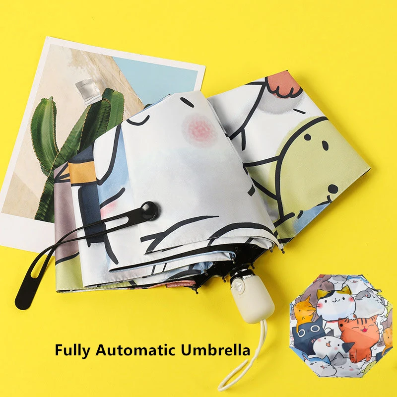 Automatic Umbrella Women Automatic Umbrella Cartoon Cat Claw Automatic Folding Travel Umbrella Black Coating Sunscreen Girls Kids Paraguas
