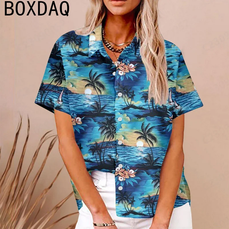 Big Size Women Shirt Summer Hawaii Style Blouse Cool Tropical Palm