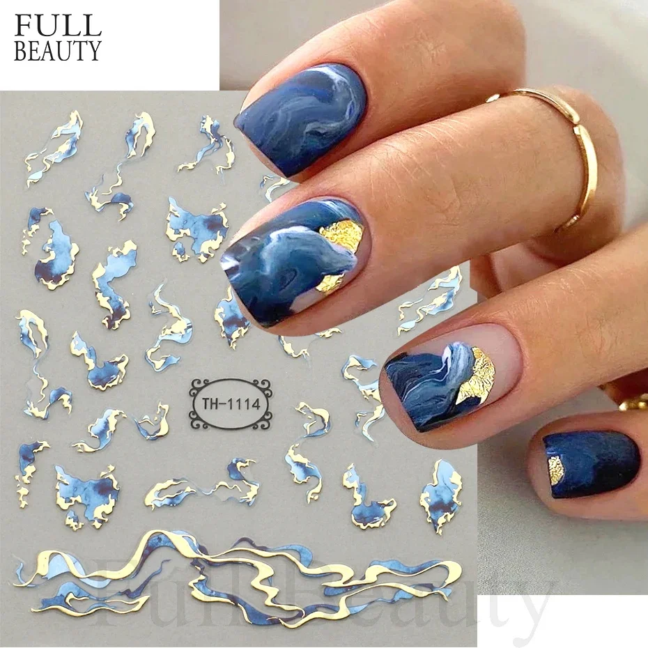 Nail Stickers 3D Golden Wave Line Nail Sticker Marble Blue Geometry Abstract Flowers Nail Art Sliders Decals Foils Manicure Decorations