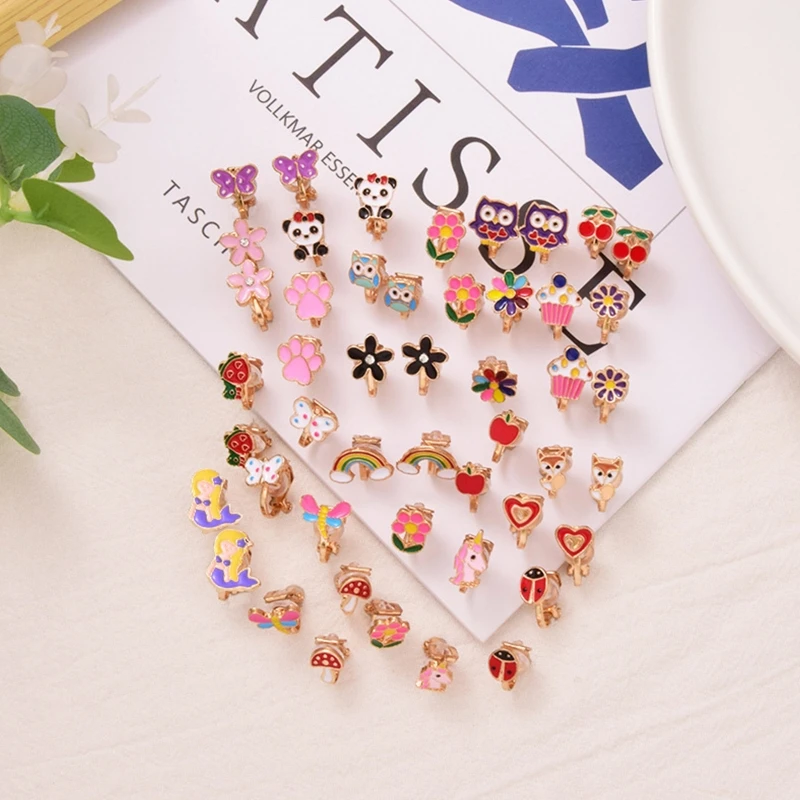 R2LE 24Pairs/set Kids Clip-on Earrings Flower Heart Clip-on Earring Set for Girl 4