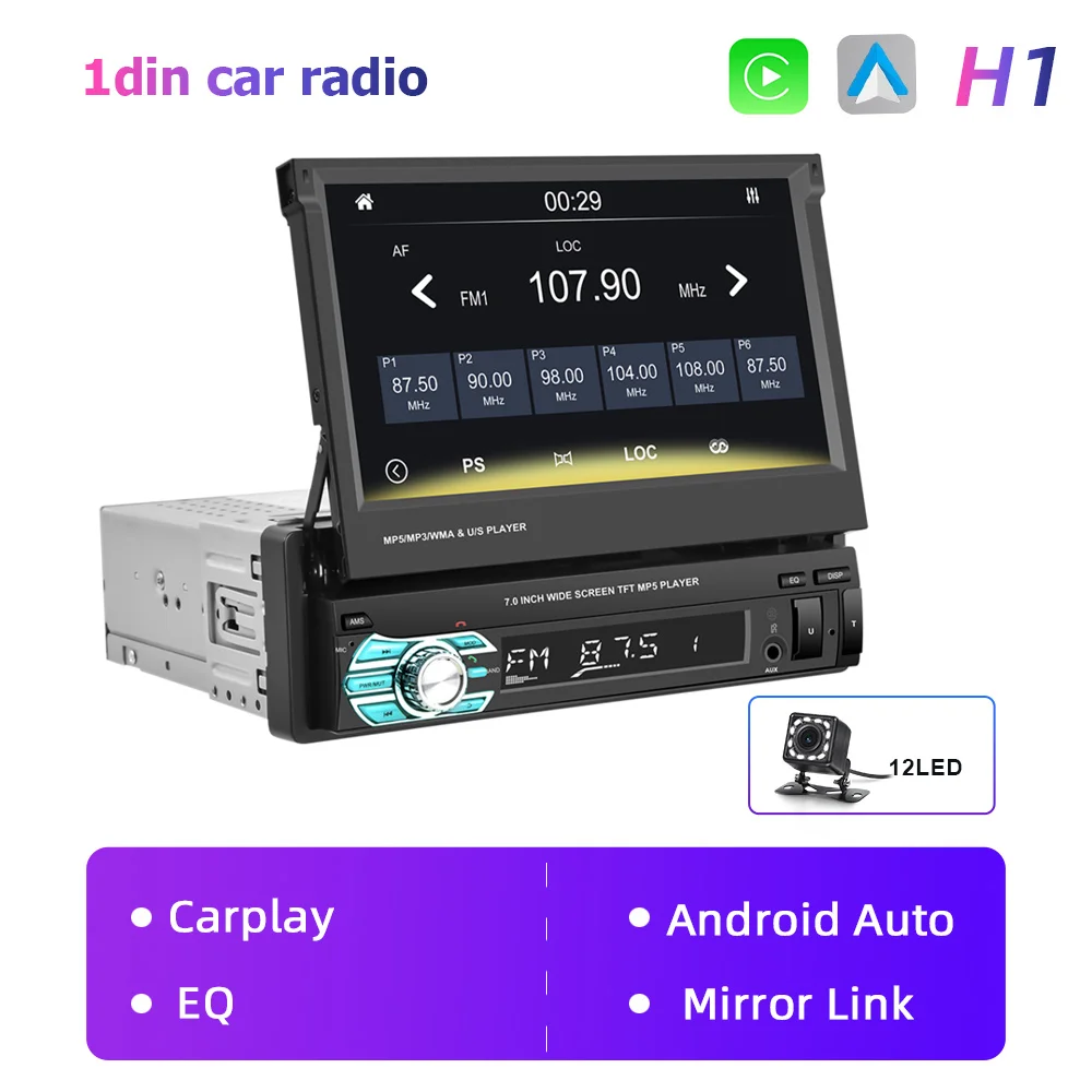 Sa6f45721a02d4fef8aa3c0fa0af358d2a 7" inch Touch Car Radio CarPlay Android Auto Automatic Retractable Screen Car MP5 Player 1Din Stereo Autoradio Multimedia Player