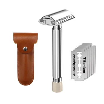 Nuovo rasoio di sicurezza MingShi Rasoio da barba pieghevole da uomo Rasoio manuale professionale Lame rivestite in titanio di sicurezza a doppio bordo 1