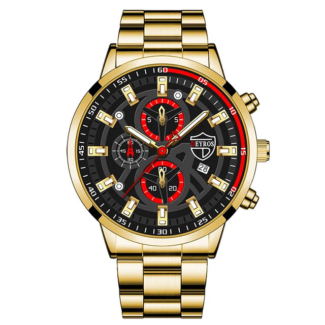 Brand Mens Watches Fashion Men Sport Stainless Steel Quartz Wristwatch Man Clock Business Casual Leather Watch relogio masculino Steel Gold Black