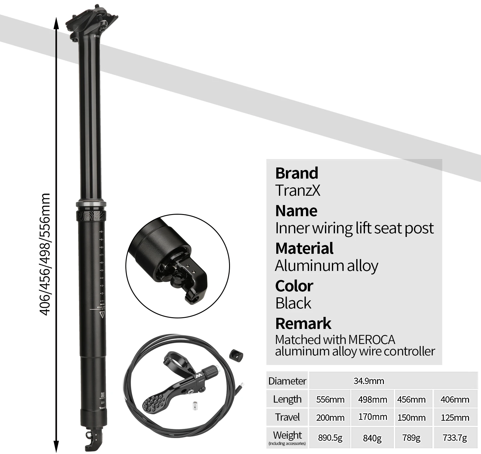 ゼッパンドン TranzX Heavy-Duty Dropper Seatpost - For MTB/Folding Bikes,34.9mm