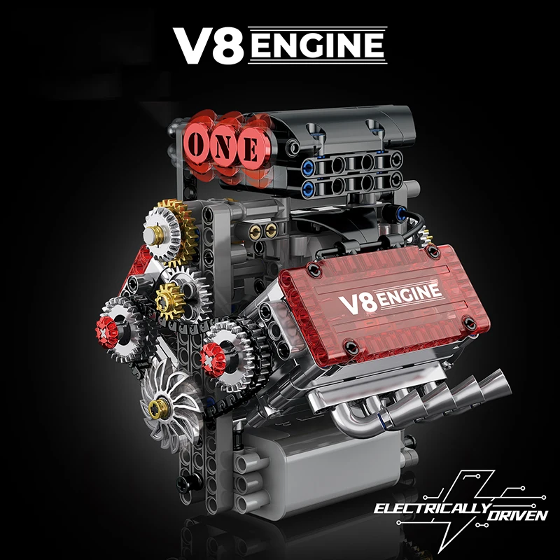 Motorisiertes V8-Motor-Simulationsmodell aus Bausteinen, elektrisch angetrieben, technische Autoteile, kreatives Spielzeug, Geschenk_voghion.com