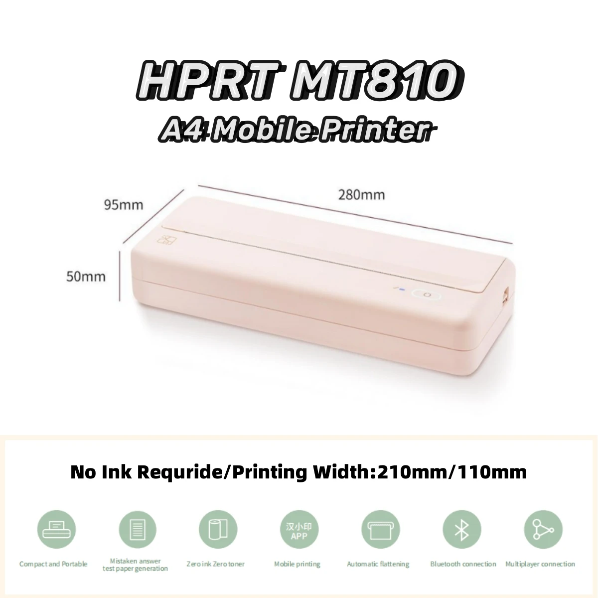 HPRT MT810 A4 휴대용 열전사 프린터, 무선 BT 연결, iOS 안드로이드 모바일 포토 프린터 지지대, 210mm, 110mm