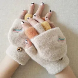 Autumn Winter Warm Gloves Flip Cover Fingerless Mittens Soft Girl Cute Cartoon Half-finger Knitted Velvet Students Gloves T176