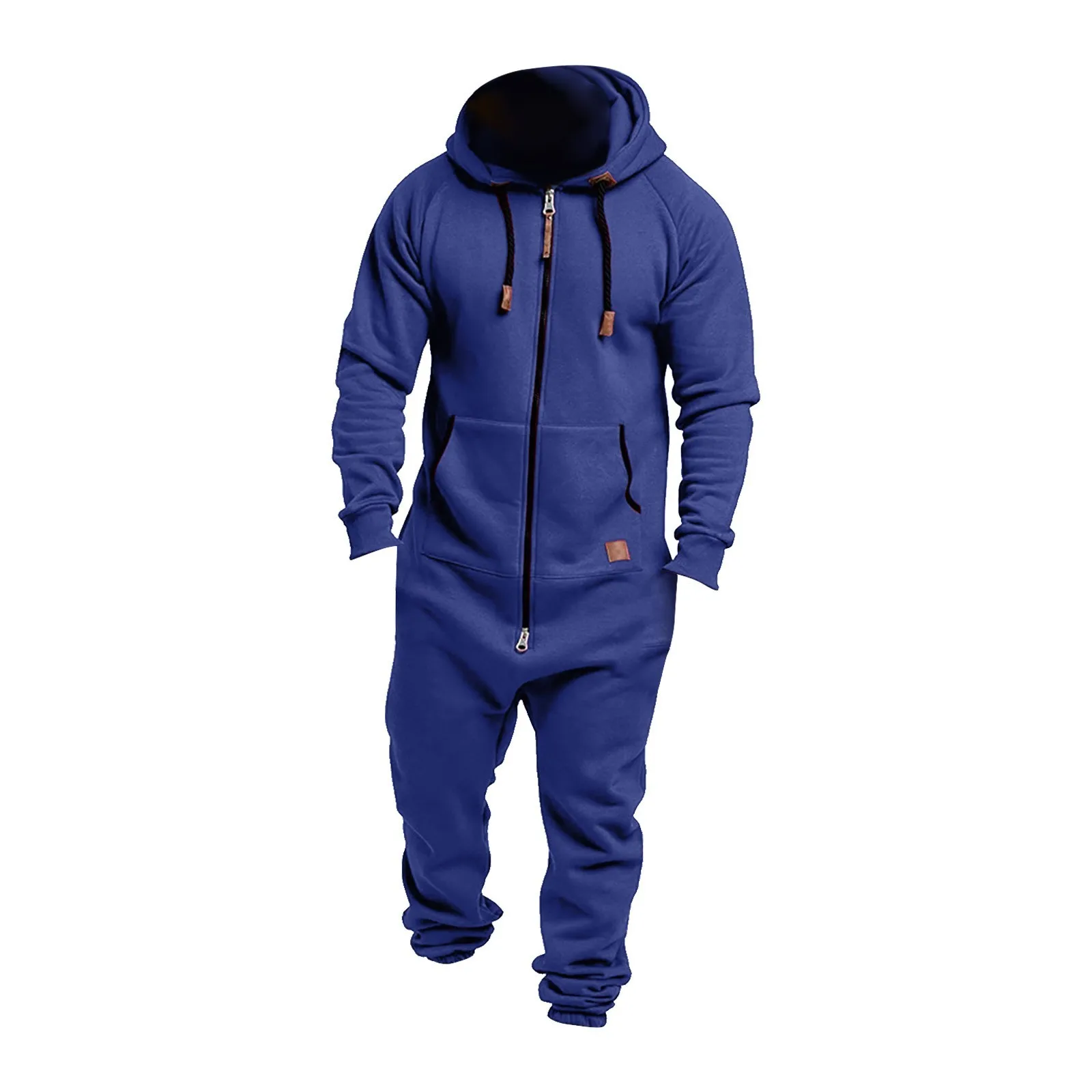 Men Jumpsuits Bodysuits Autumn Winter Solid Color Splicing Hoodies Casual Zipper Onesie Drawstring Hooded Sweatshirts