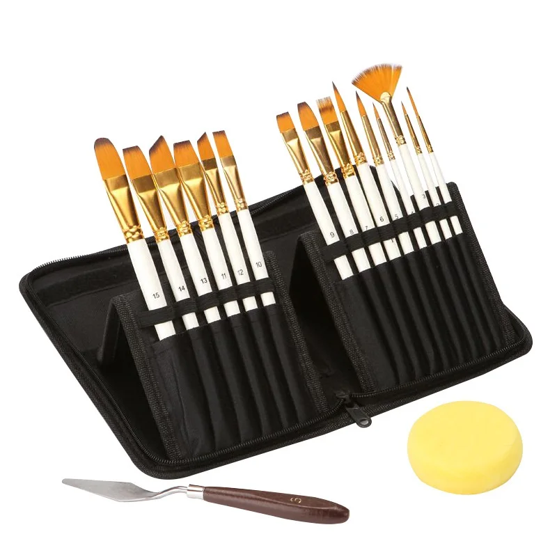 15pcs Paint Brushes Set for Acrylic Oil Watercolor Gouache Painting Includes Pop-up Carrying Case with Palette Knife and Sponge