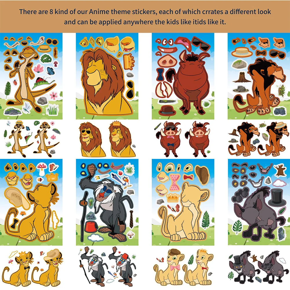 8/16Sheets Cute The Lion King Make a Face Puzzle Stickers Game Make Your Own Children DIY Assemble Jigsaw Kids Toys Party Gifts