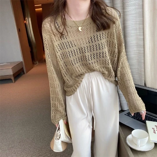 

Kahaki transparent Hollowed Tops Slim Woman Women Pullover Knit Sweater Jumper Spring Top Cloth Clothes Coat Girl Lady Suéter