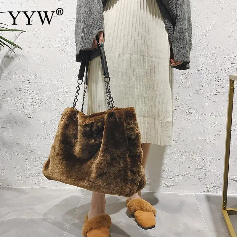Large Capacity Designer Faux Fur Tote Handbags for Women PU Leather Top Handle Winter Warm Plush Bags Ladies Shopping Purse Bag