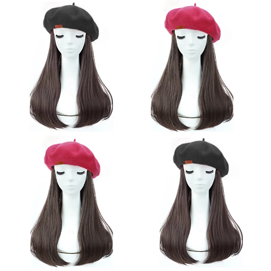 Synthetic 45cm/20 inch pink beret long straight hair with inner button wig, pink wig, pink/black hat, hat extension, Halloween