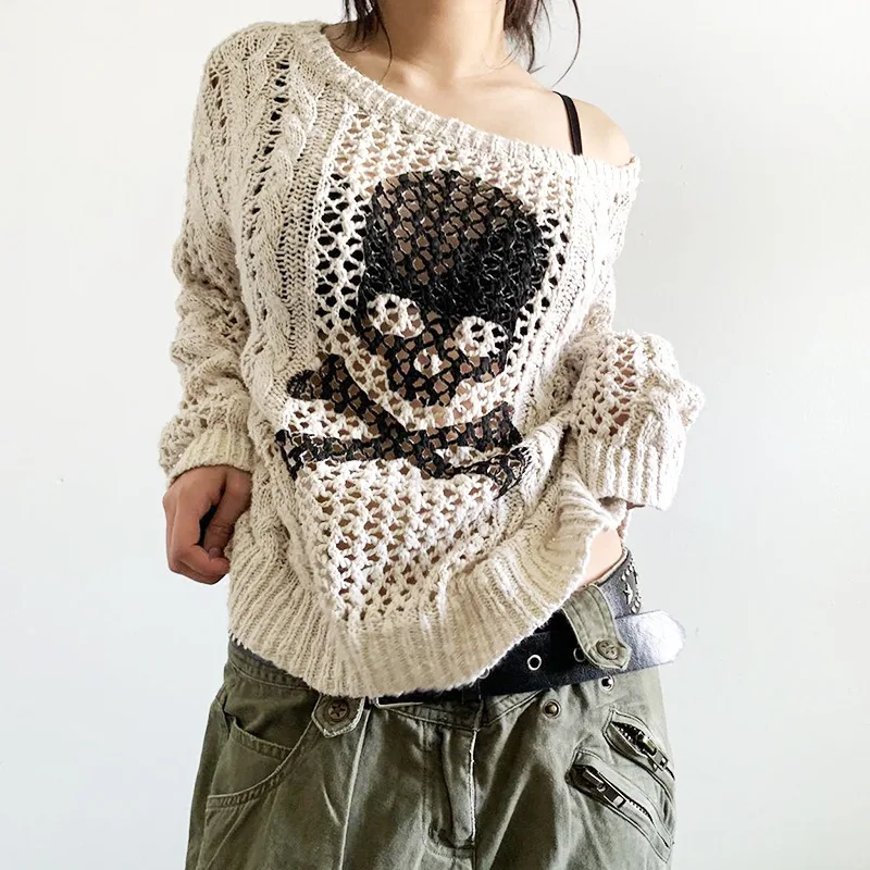 

Y2K Skull Pattern Sweater for Women Sexy Sheer Long Sleeve Pullover Autumn Winter Fashion Cut Out Casual Loose Jumpers 2023