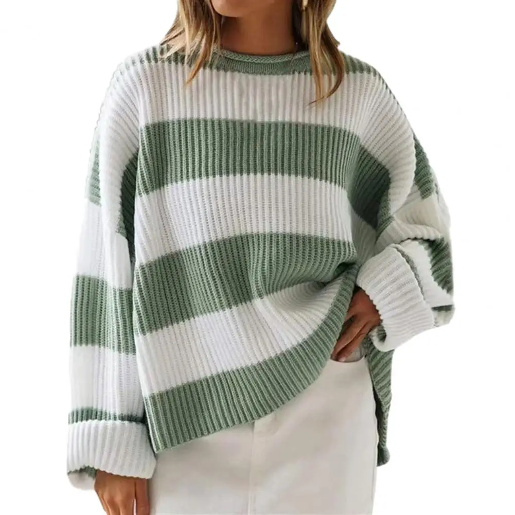 

Sand Thread Texture Sweater Cozy Colorblock Knitted Women's Sweater Thick Warm Pullover with Round Neck Long Sleeves Soft