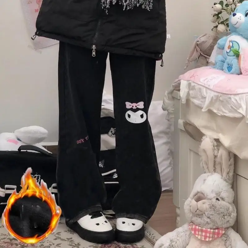 

Sanrio Cartoon Trousers Hello Kitty Kuromi Lvelvet Thick High Waisted Slimming Straight Leg Jeansn Autumn Wide Leg Pant Girl Toy