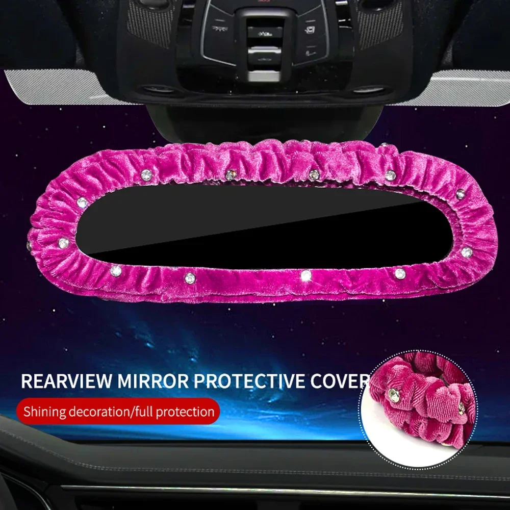 Crystal Diamond Plush Auto Rearview Mirror Decor Bling Rhinestone Car Interior Accessories Elastic Rearview Mirror Cover Women