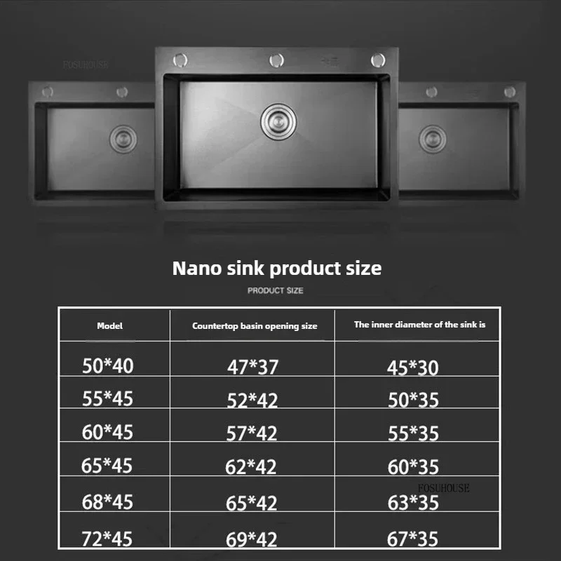 Thickened 304 Stainless Steel Sink Large Capacity Kitchen Sink Single Bowl Black Nano Washbasin Home Countertop Dishwashing
