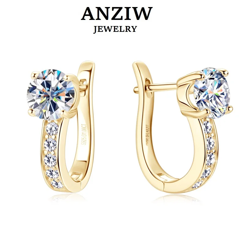 

Anziw D1.0CT Moissanite U Shape Hoop Earrings Real 925 Silver Gold Plated Solitaire Diamond Clip Earring Women Wedding Jewelry