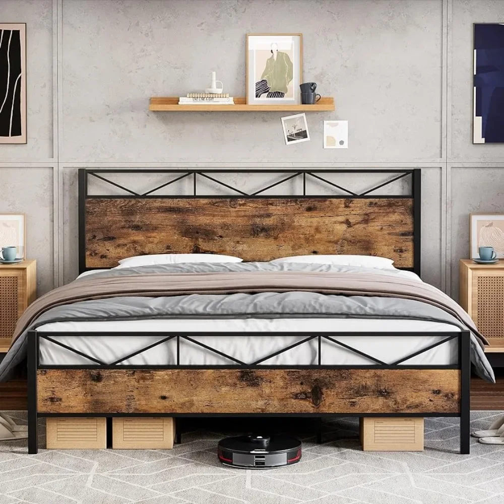 

Bed Frame, with Rustic Wood Headboard and Footboard, Sturdy Steel Slat Support, Noise Free, No Box Spring Needed, Easy Assembly