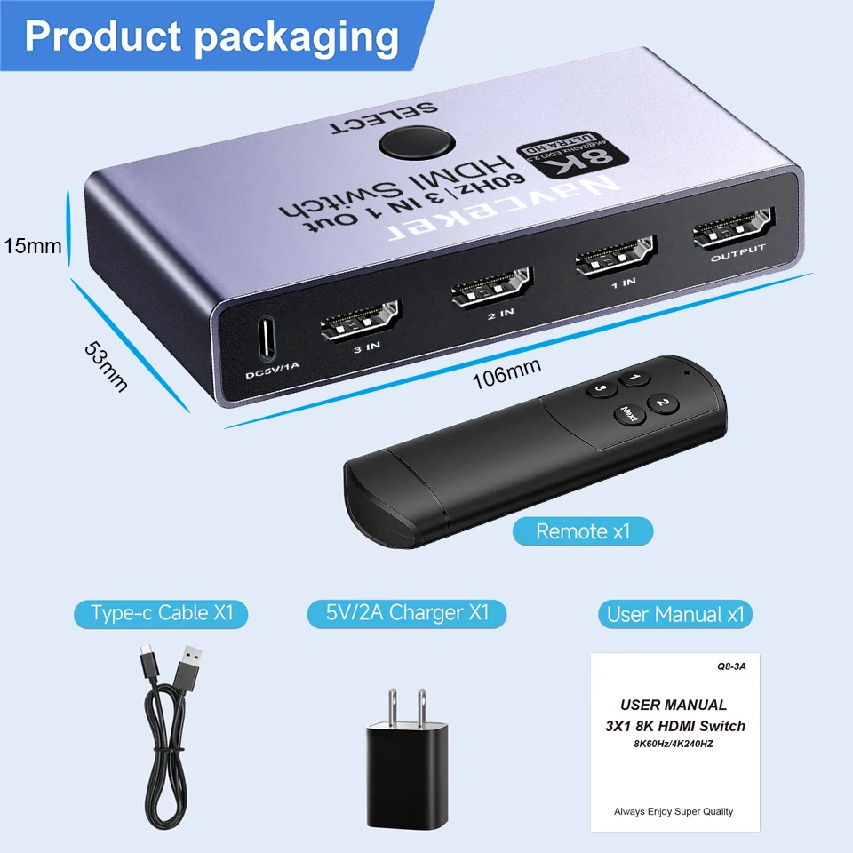 8K HDMI 2.1 Switch Splitter 4K 240Hz 3 Inputs 1 Output 3 port HDMI Switcher with
