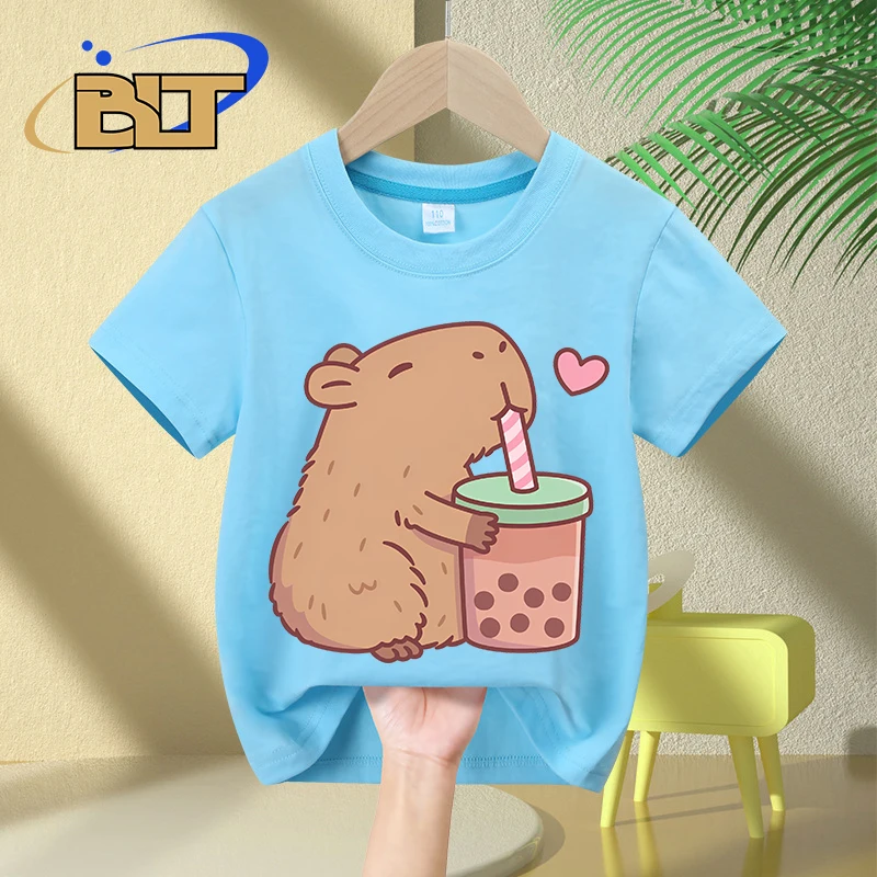 Cute Capybara Loves Bubble Tea print kids T-Shirt summer children's pure cotton short-sleeved casual tops boys and girls gifts 4
