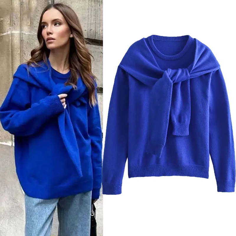 

TRAF Casual Scarf Neck Sweater For Women Korean Style O-Neck Long Sleeve Pullovers Fashion Soft Knitted Tops Basic Warm Knitwear