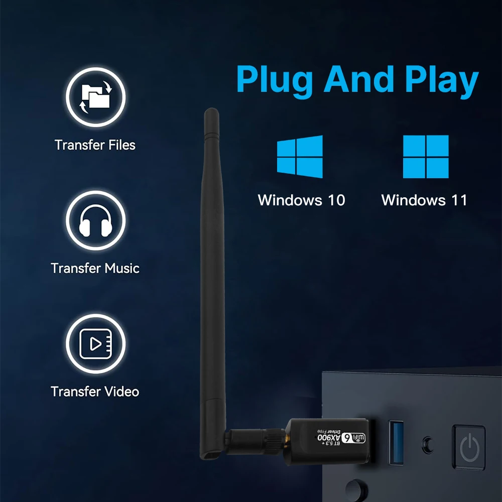WiFi 6 AX900 BT5.3 USB WiFi 어댑터 2.4G/5GHz WiFi 동글 드라이브 프리 USB (PC 노트북 Win10/11용)