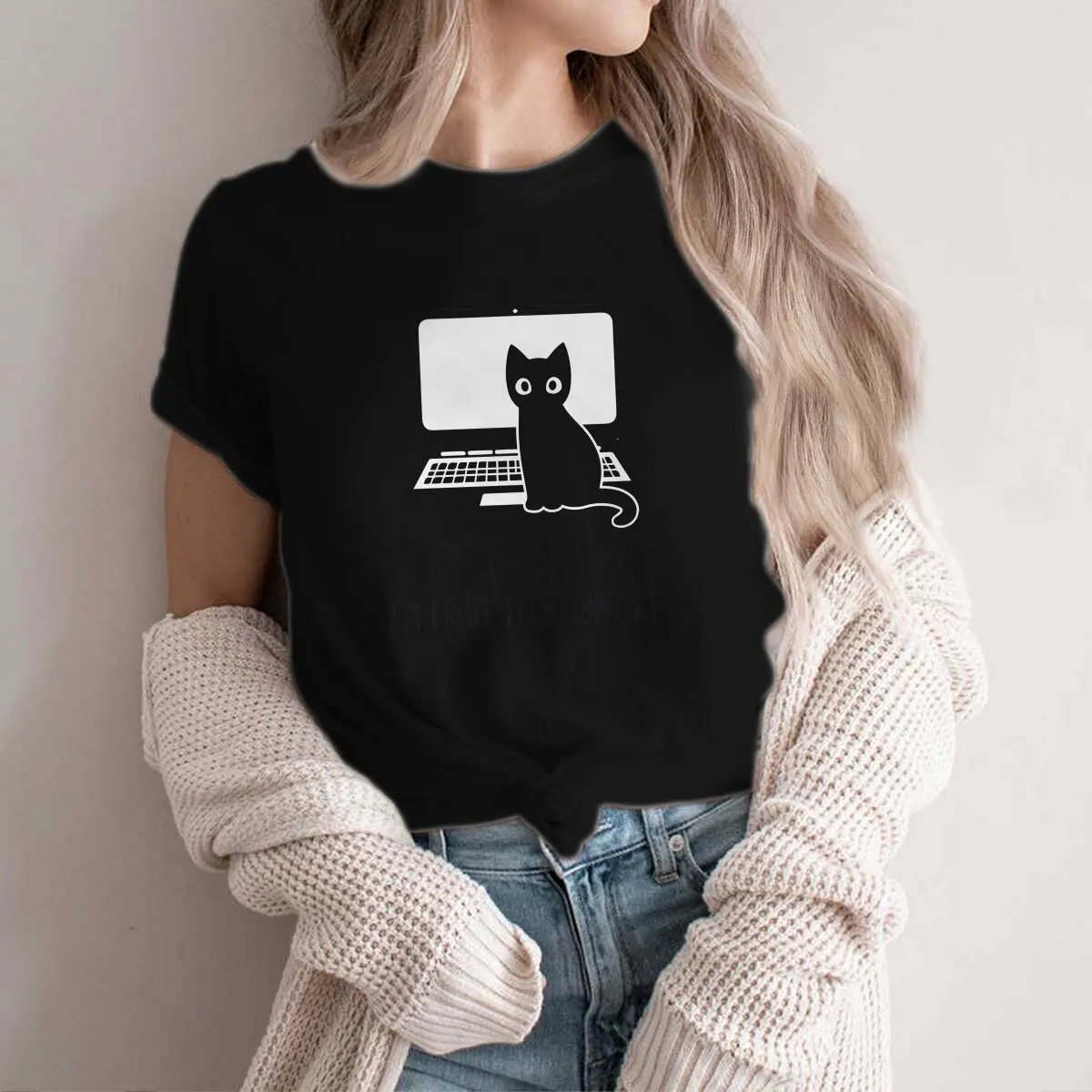 

Black Cats Polyester TShirts Tech Support Cute Cat Print Homme T Shirt New Trend Tops